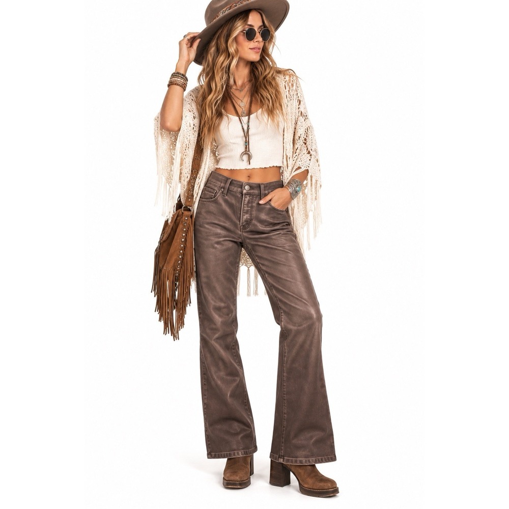 Good American Vegan Leather Flare Pants 8/29 Brown Festival Western Boho Grunge